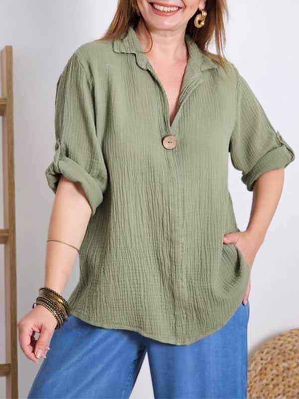 Women's Lapel Solid Color Cotton and Linen Top