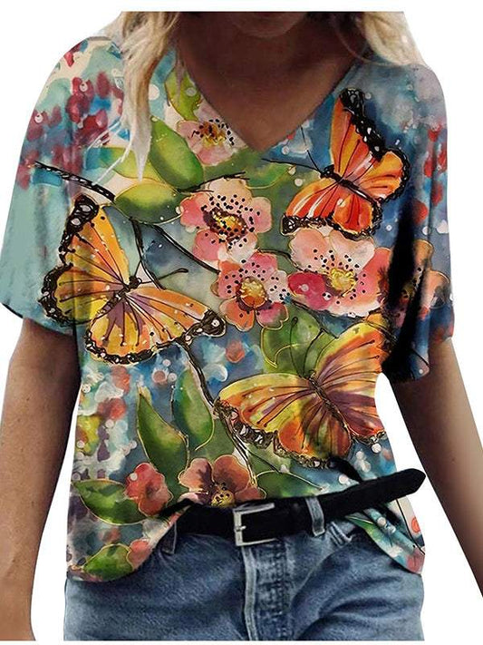 Casual V-neck Butterfly Print Short-sleeved Top green