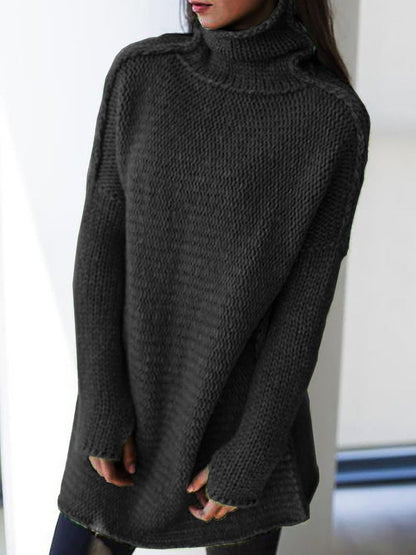 Solid Color Turtleneck Long Sleeve Pullover black