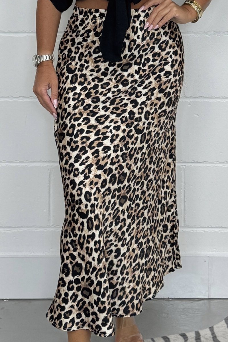 Women's Leopard Print Silk Mix Midi Skirt