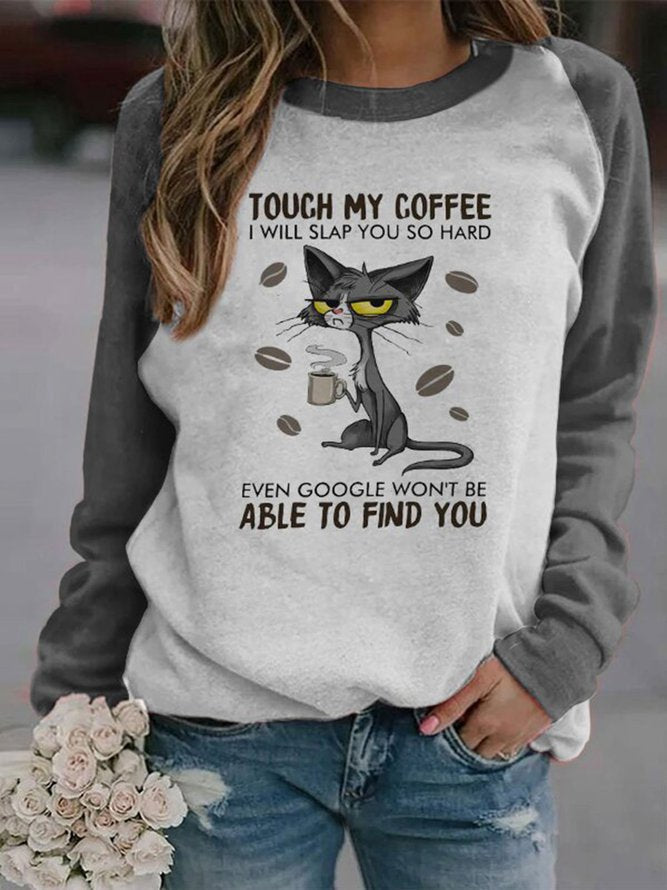 Letter Cat Print Long Sleeve Casual Sweatshirts Grey