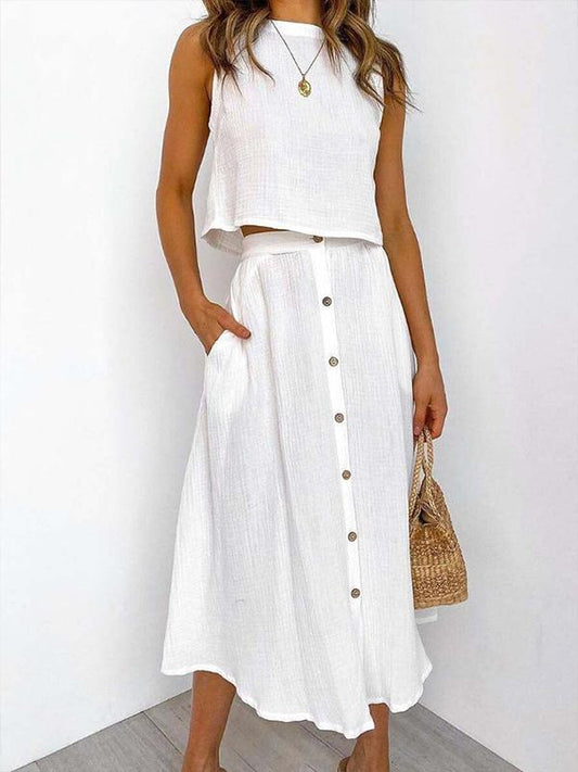 Double-layer Zou Cloth Round Neck Vest Shirt Mid-length Breasted Dress Two-piece Suit White