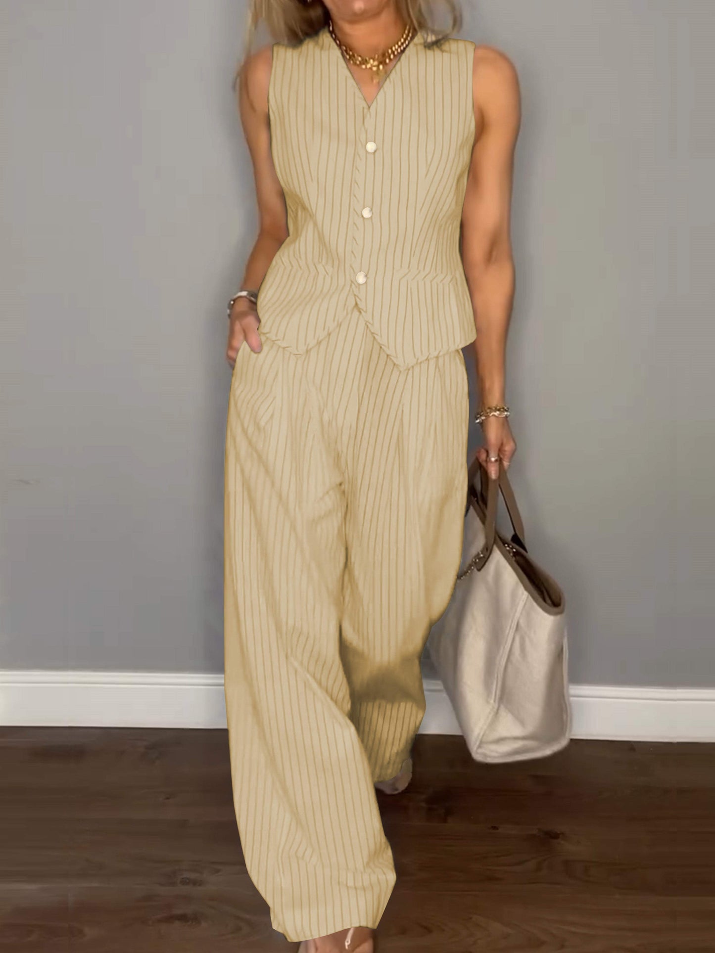 Casual V-neck Striped Two-piece Suit Khaki