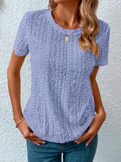 Loose Casual Crew Neck Solid Eyelet Embroidery Round Neck Tee Blue