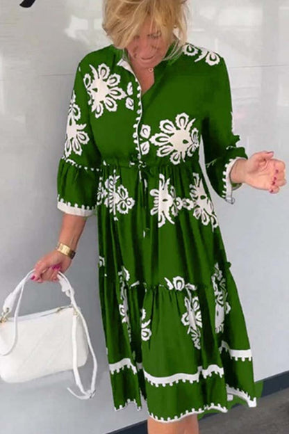 Casual printed three-quarter sleeve dress Green