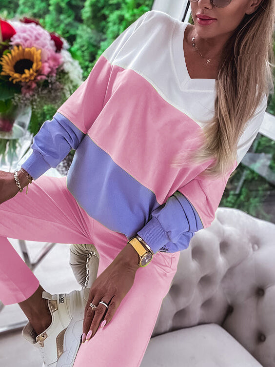 Women's Fashion Color Block Sweatshirt and Pants Suit