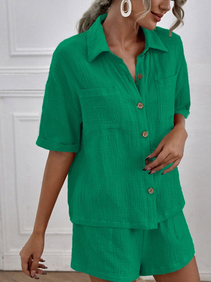 Drop Shoulder Dual Pocket Shirt & Shorts Green