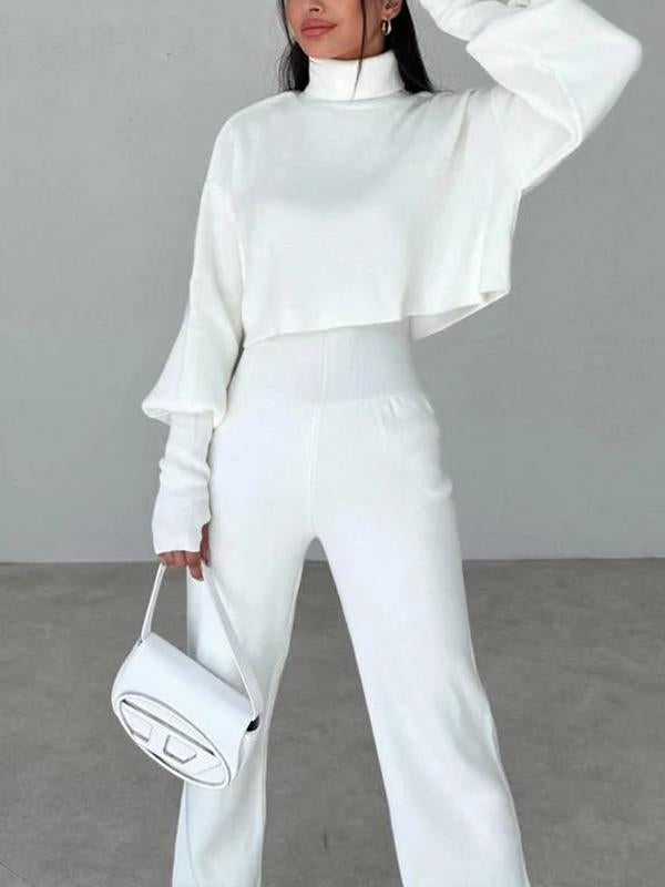 Casual Hoodie with High Neck, Loose Long-sleeved Trousers and Two-piece Set White