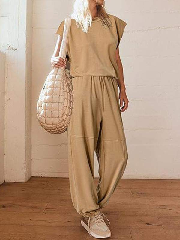 Casual Round Neck Solid Color Two-piece Suit khaki