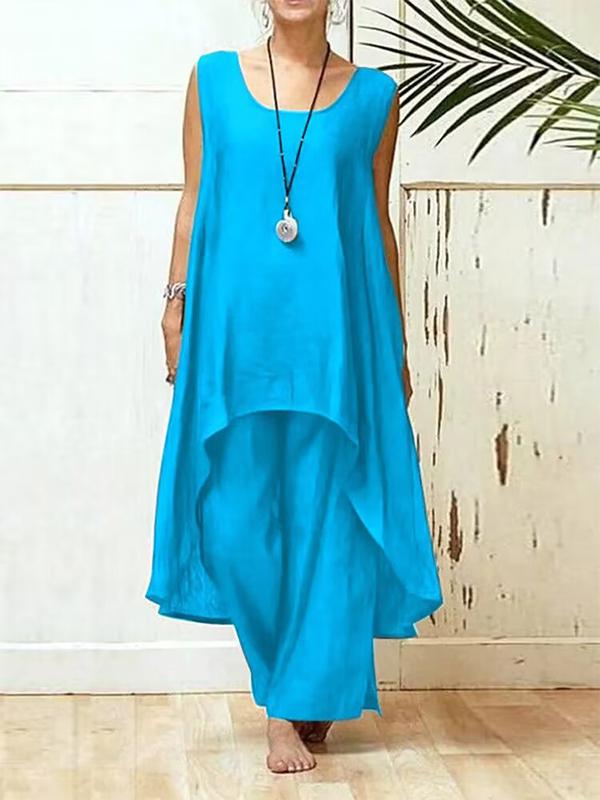 Cotton and Linen Casual Sleeveless Wide-leg Pants Two-piece Set Blue