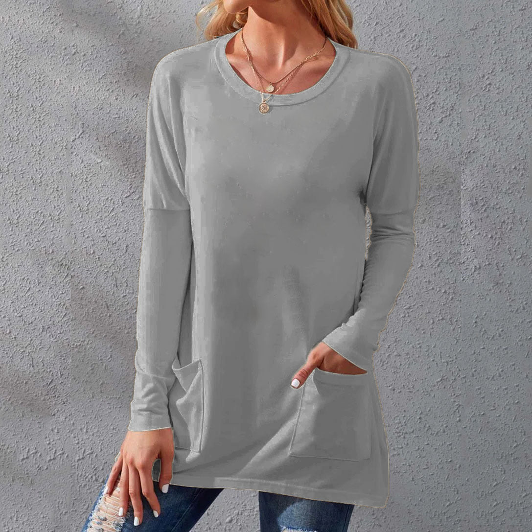 Round neck long sleeves loose pockets solid color T-shirt Grey