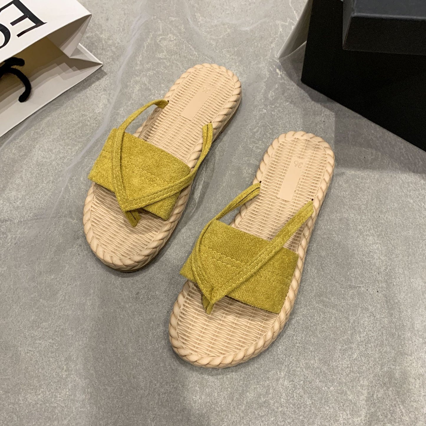 Minimalist Corduroy Thong Sandals Yellow