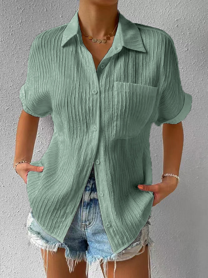 Shirt Collar Casual Buttoned Loose Blouse Green