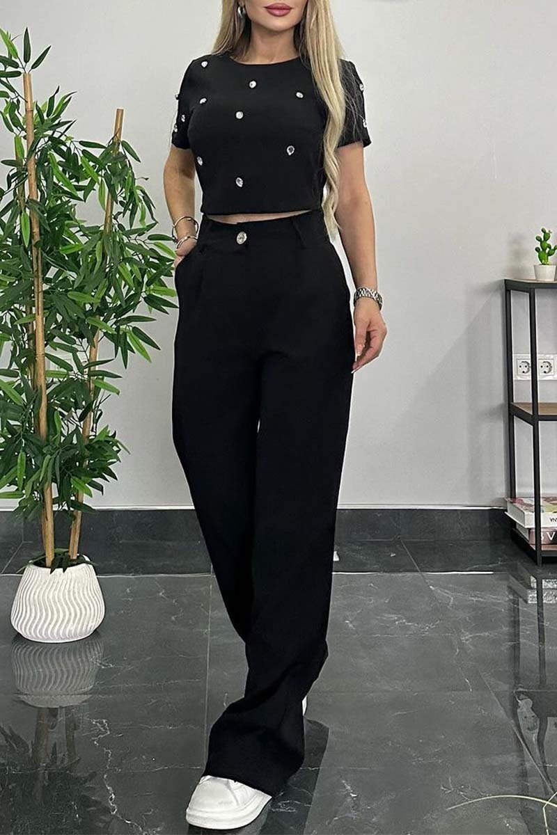 Stylish diamond embellished top and pants set Black