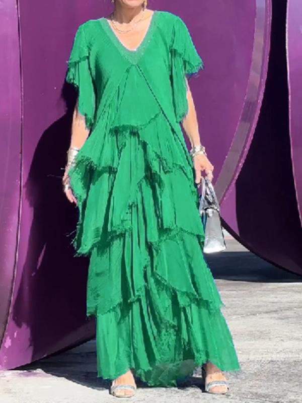 Elegant V-neck fashionable cake long dress Dark green