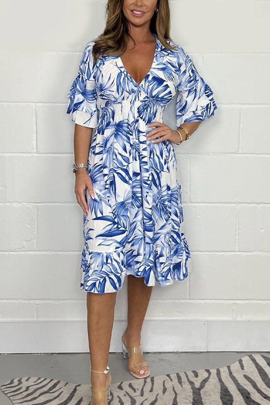 Printed V-neck Smocked Waist Midi Dress Blue