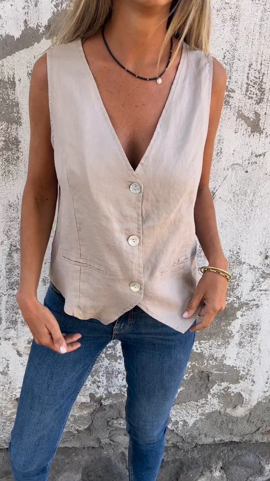 V-Neck Cotton And Linen Vest apricot