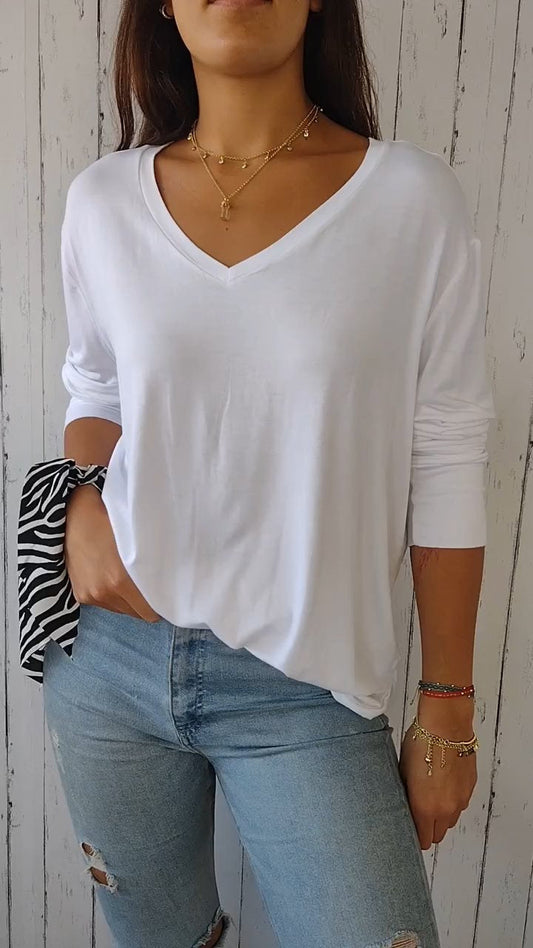 V-neck Middle-sleeved Comfortable Shirt White