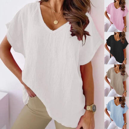 V-neck plain cotton linen T-shirt