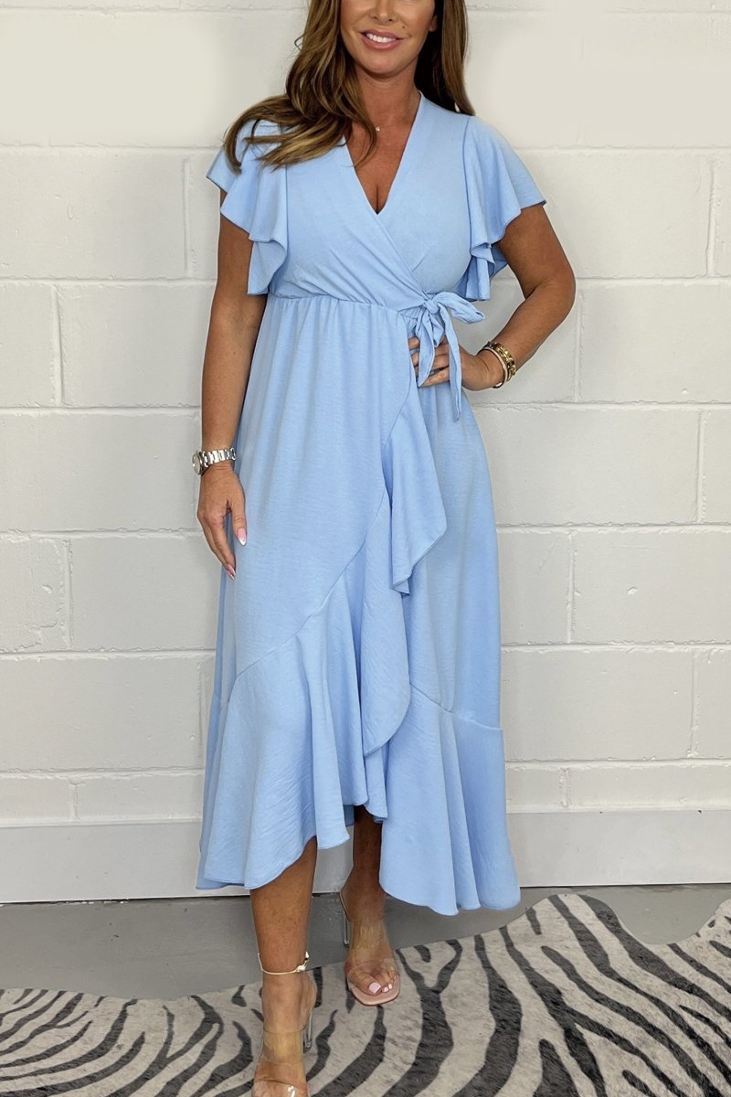 Frill Tie Waist Wrap Maxi Dress Baby blue