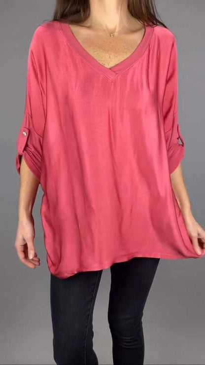 V-neck Casual Satin Mid-sleeve Top red