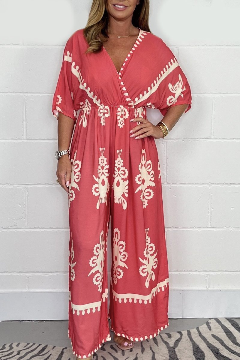 Printed Cross Front Jumpsuit Coral