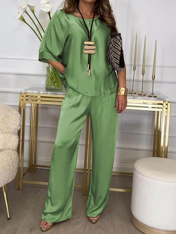 Casual Crew Neck Satin Suit green