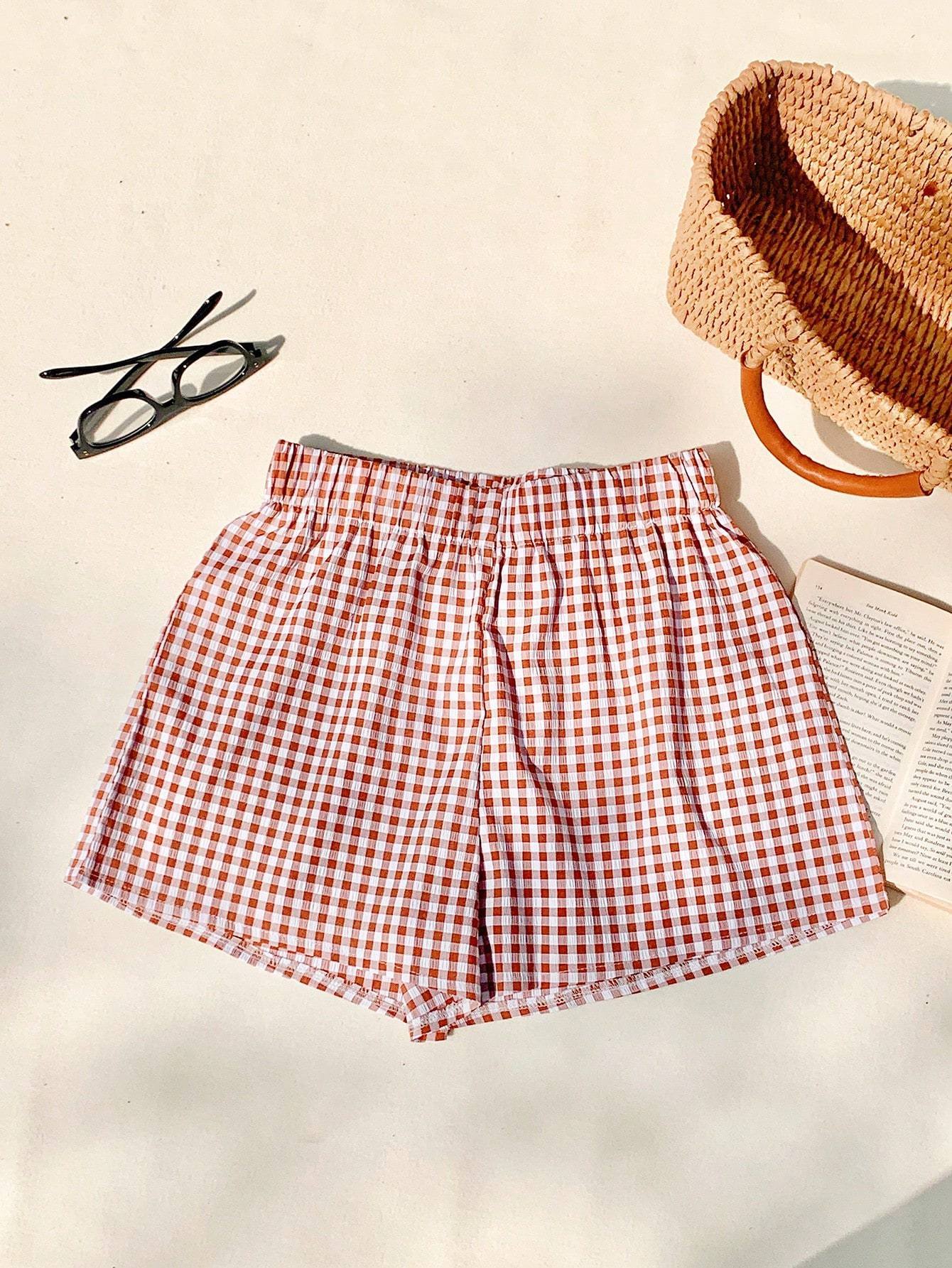 Plaid Print Casual Shorts brown