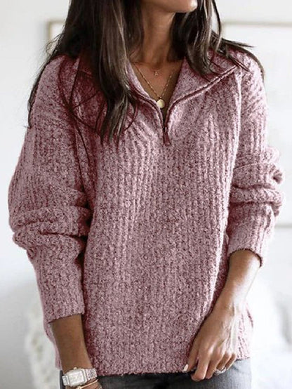 Autumn and Winter Zipper Pullover Long Sleeve Loose Sweater pink