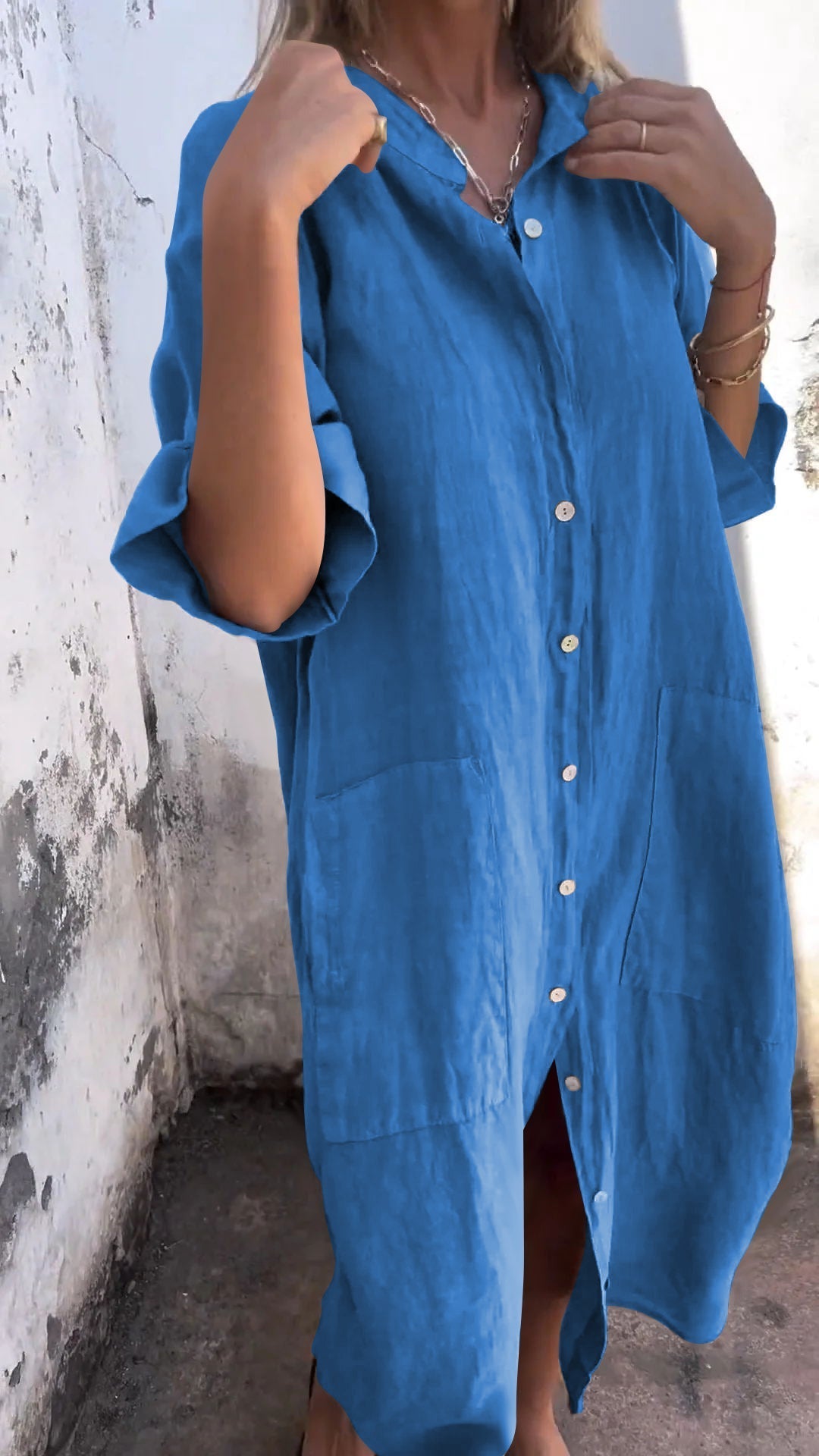 Shirt Style Casual Long Dress blue