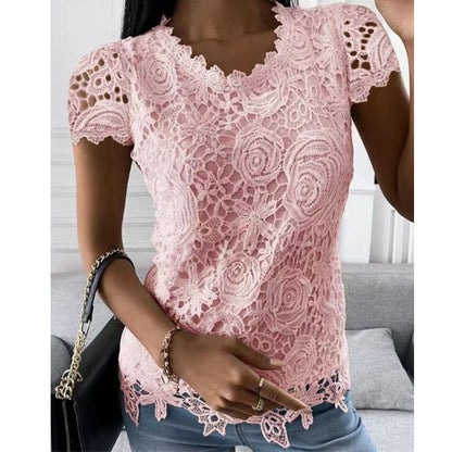 New lace short sleeve top Pink