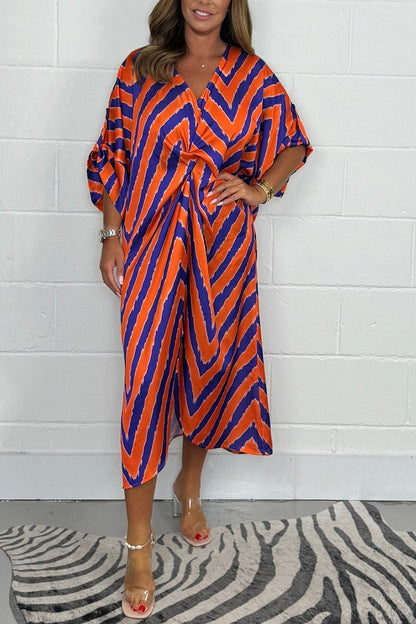 Zig Zag V Neck Long Twist Maxi Dress