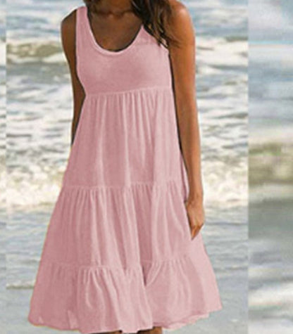 Sleeveless round neck dress stitching big swing beach dress pink