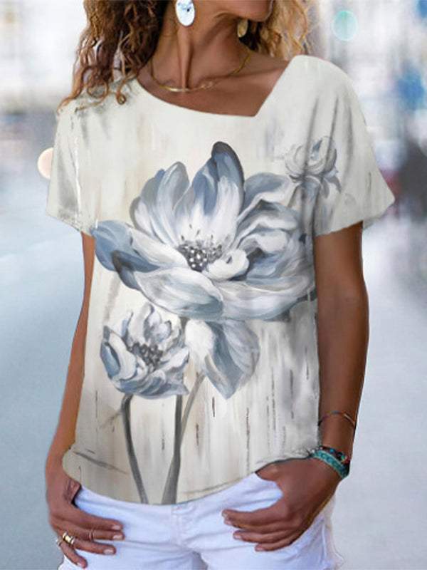 Casual Slant Collar Printed Top white