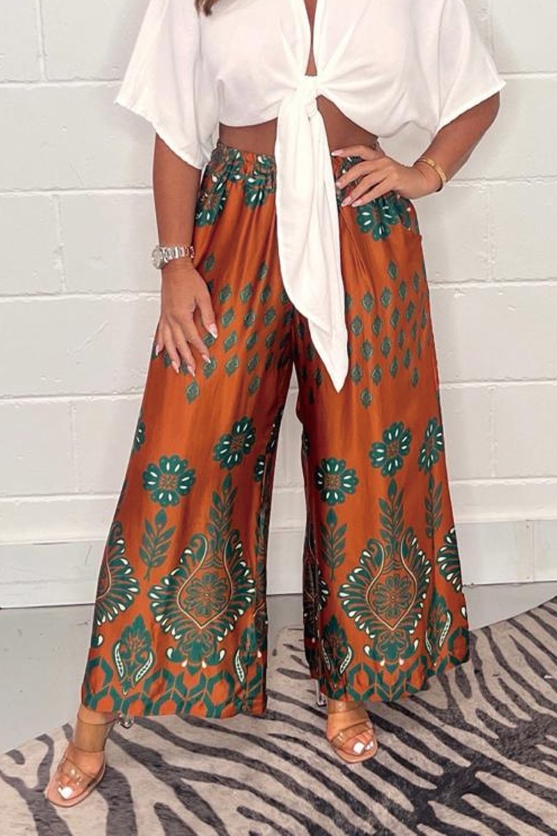 Printed wide-leg satin trousers Rust