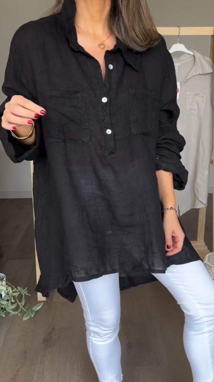 Casual Cotton and Linen Long Top black lapel