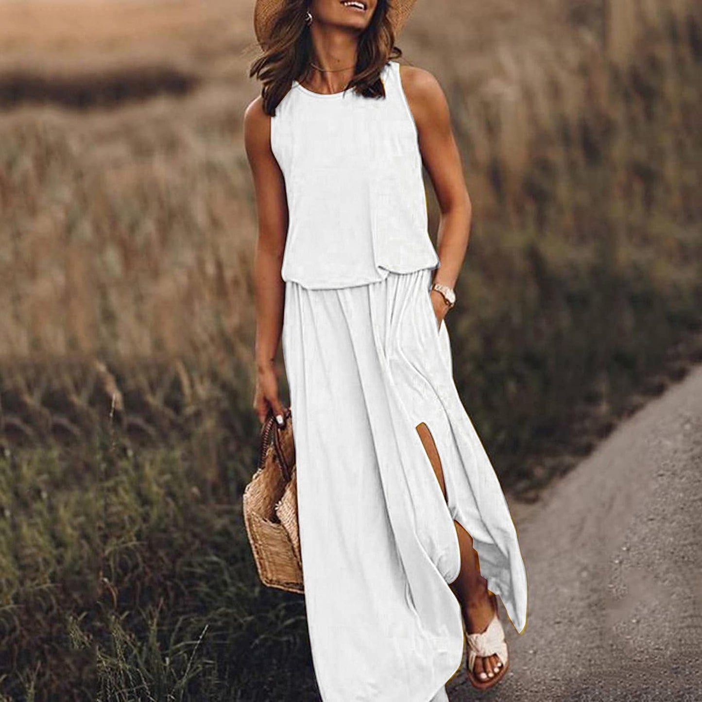 Women Vintage Boho Sleeveless Round Neck Solid Maxi Weaving Dress White