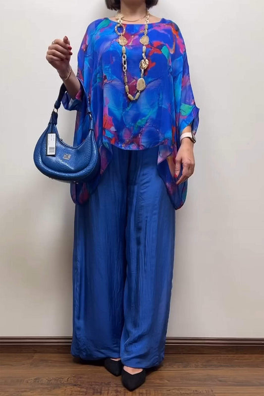 Chiffon Pattern And Trouser Suit Blue