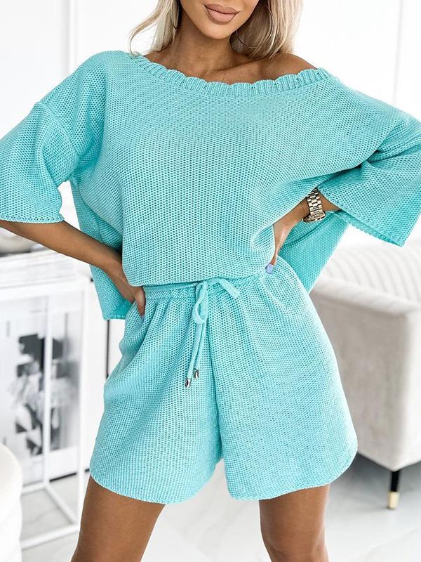 Casual Round Neck Lace Trim Suit Cyan