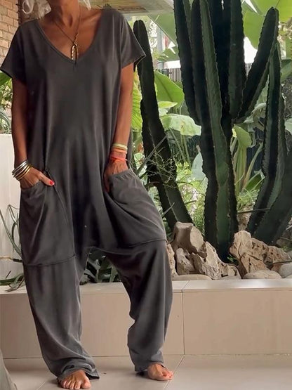 Casual V-neck Solid Color Jumpsuit black