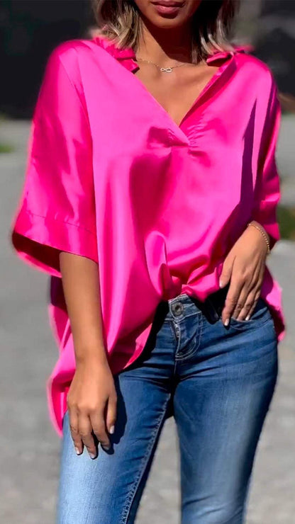 Satin Silk V-neck Top Rose red