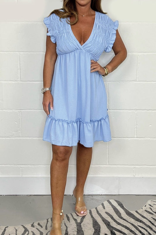 V neck Smocked Dress Light blue