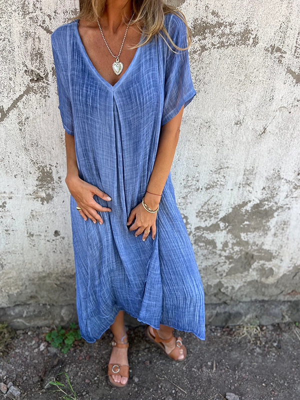 Cotton and Linen V-neck Midi Dress blue