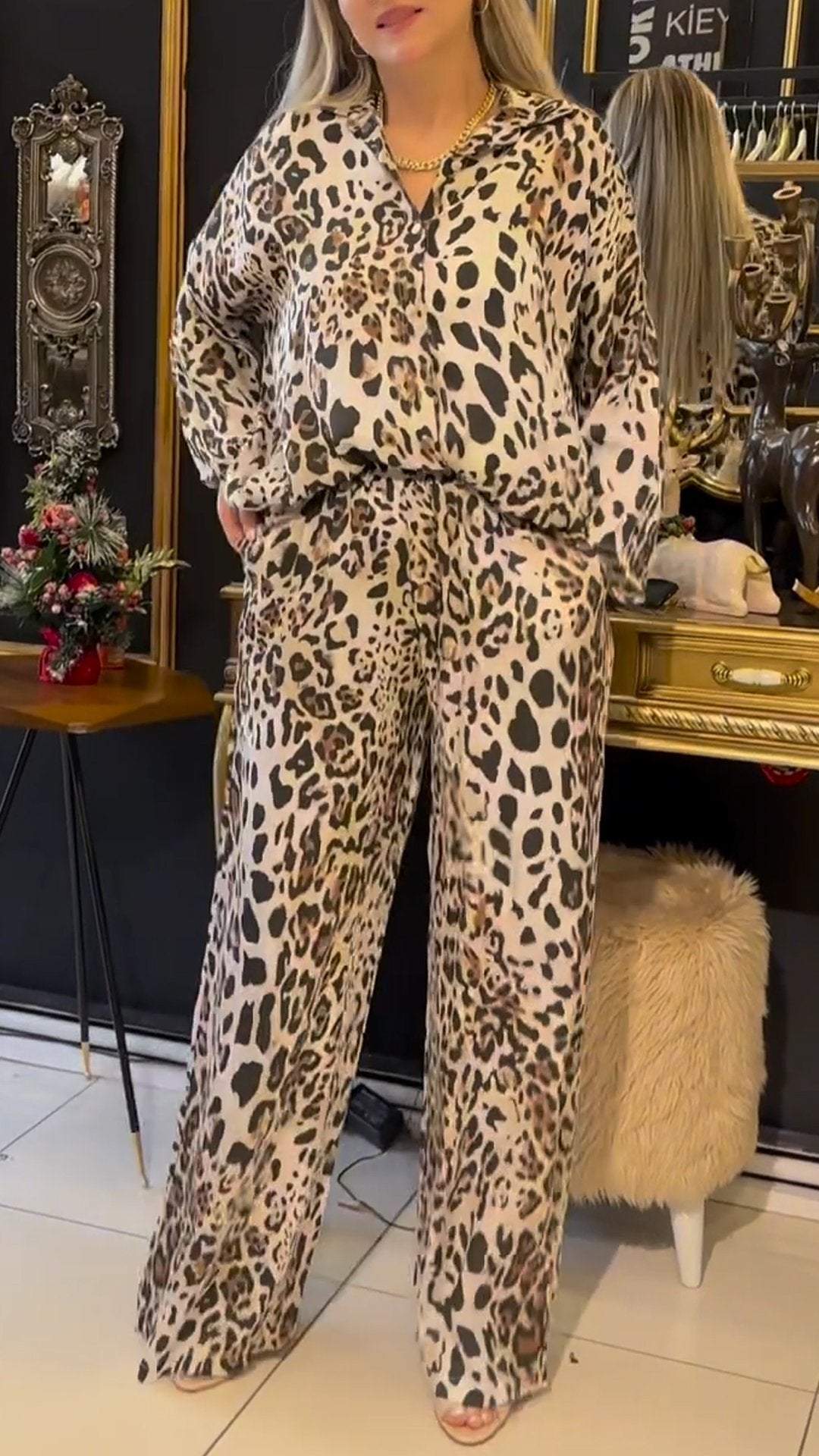 Women's Leopard Print Lapel Long Sleeve Casual Suit