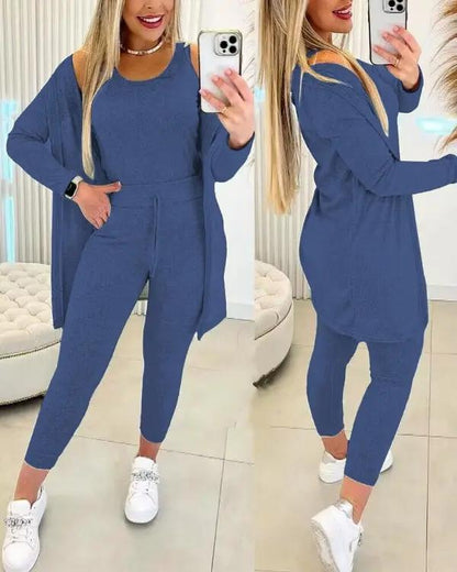 Women's Round Neck Tank Top & Drawstring Pants Set With Coat Blue