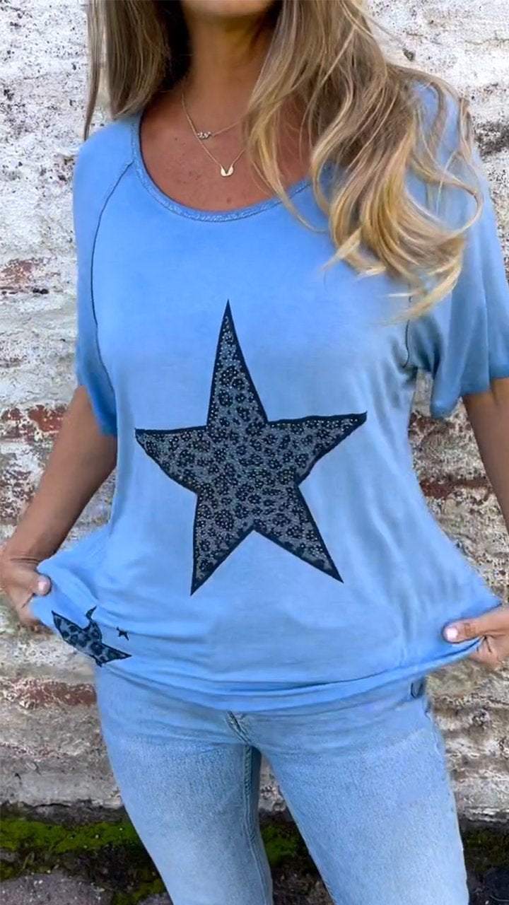 Casual Round Neck Five-pointed Star Print Top