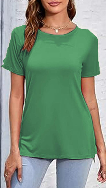 Round Neck Casual Solid Color Top short-sleeves green