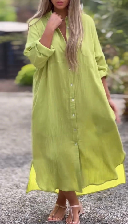 Women's Casual Solid Color Button Front Linen Shirt Dress