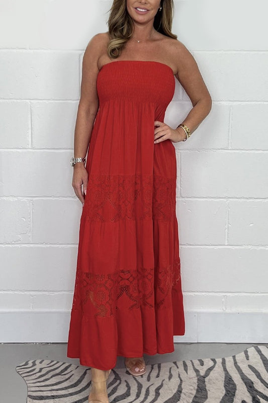 Solid color lace patchwork long dress Red