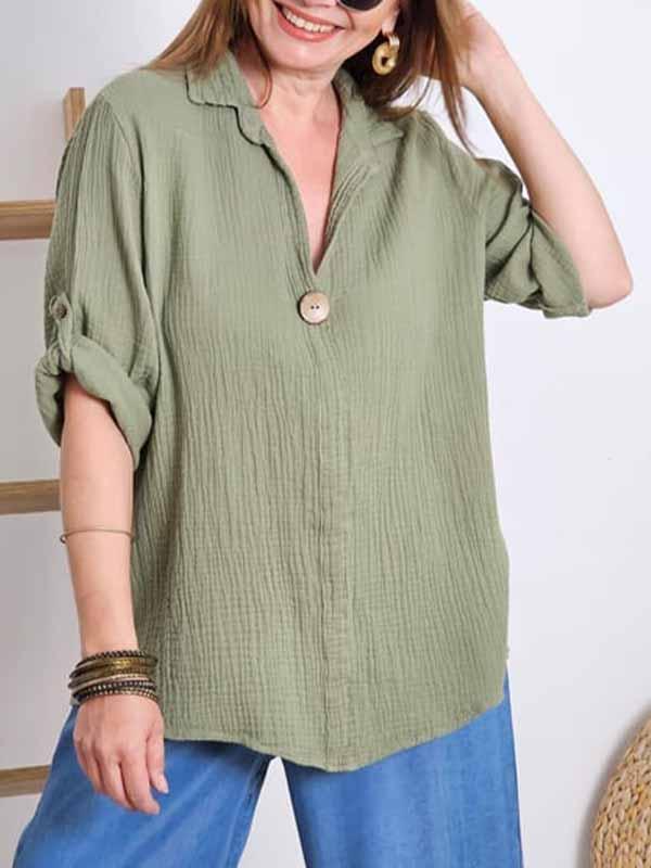 Women's Lapel Solid Color Cotton and Linen Top